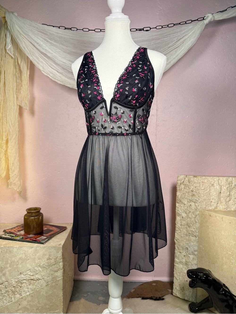 La Vie En Rose Black Mesh Floral Babydoll Lingerie Dress Size Large Y2K Sheer